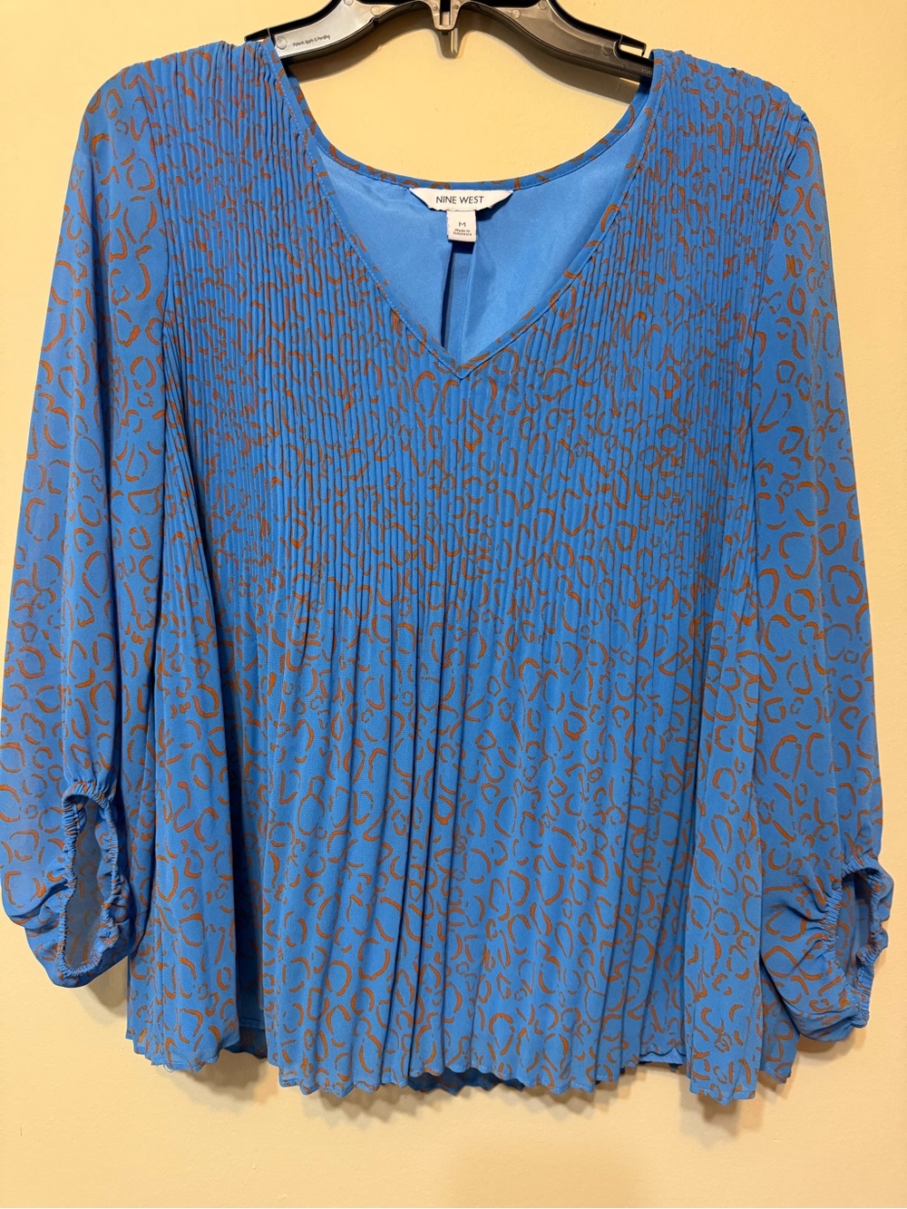 Nine West Royal Blue Pleated V-Neck Blouse with Brown Animal Print